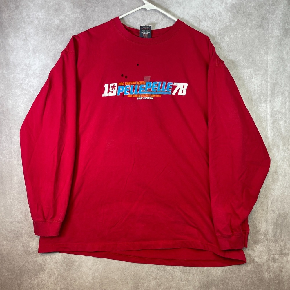 VINTAGE Pelle Pelle Mark Buchanan Shirt Adult XL Red Long Sleeve Thrashed Y2K